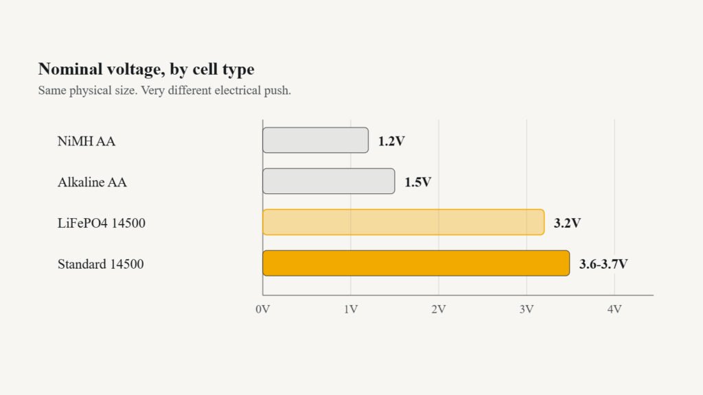 Comparison of nominal voltage for NiMH AA, Alkaline AA, LiFePO4 14500, and Standard 14500 batteries.